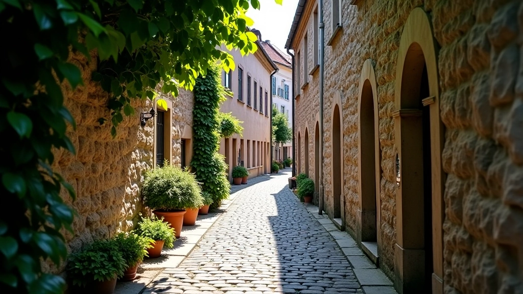 Calles empedradas y rincones sombreados en las estrechas calles del casco antiguo, tranquilos y serenos