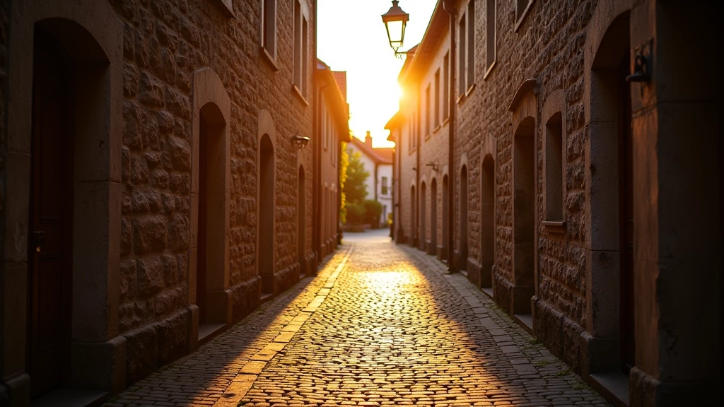 Calles empedradas y murallas del casco antiguo en la luz de la tarde